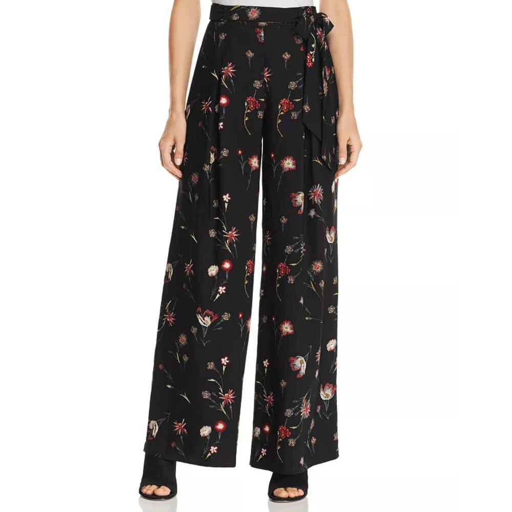California MoonRise‎ Floral Wide Leg Pants Size XS Black Tie Waist Pleated FLAWS